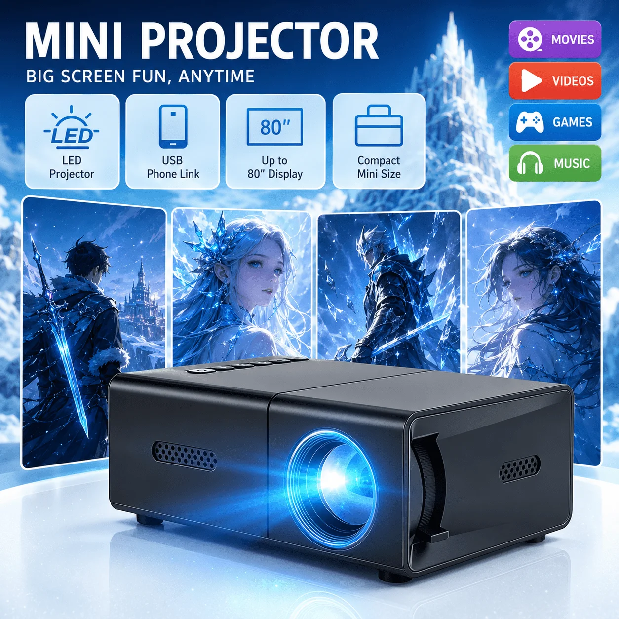 Home Cinema Gaming - Mini draagbare projector, compatibel met home