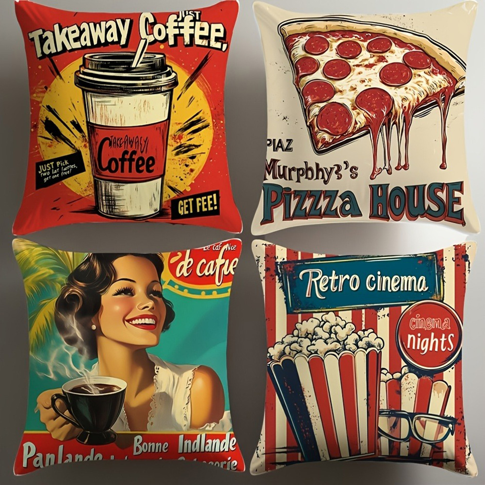 Home Cinema Inspiration - Vintage-geïnspireerde kussenslopen: koffie, pizza, retro bioscoop